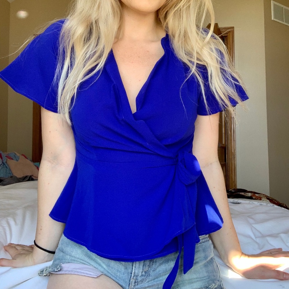 Blue Ruffle Tie Top